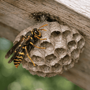 Paper wasp guarding its nest under a wooden eave — a common sight around South Carolina homes.